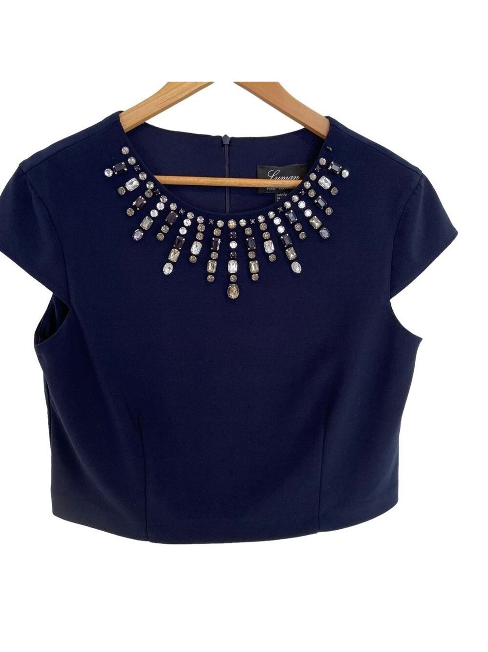 Lyman by Frank Lyman crop top beaded blouse blue short sleeves in size 12